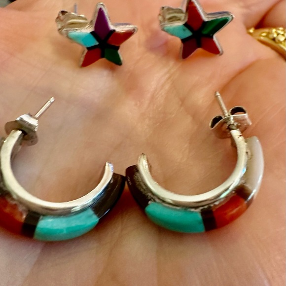 Native American QT multi stone sterling silver stud earrings stars and moons - Picture 7 of 9